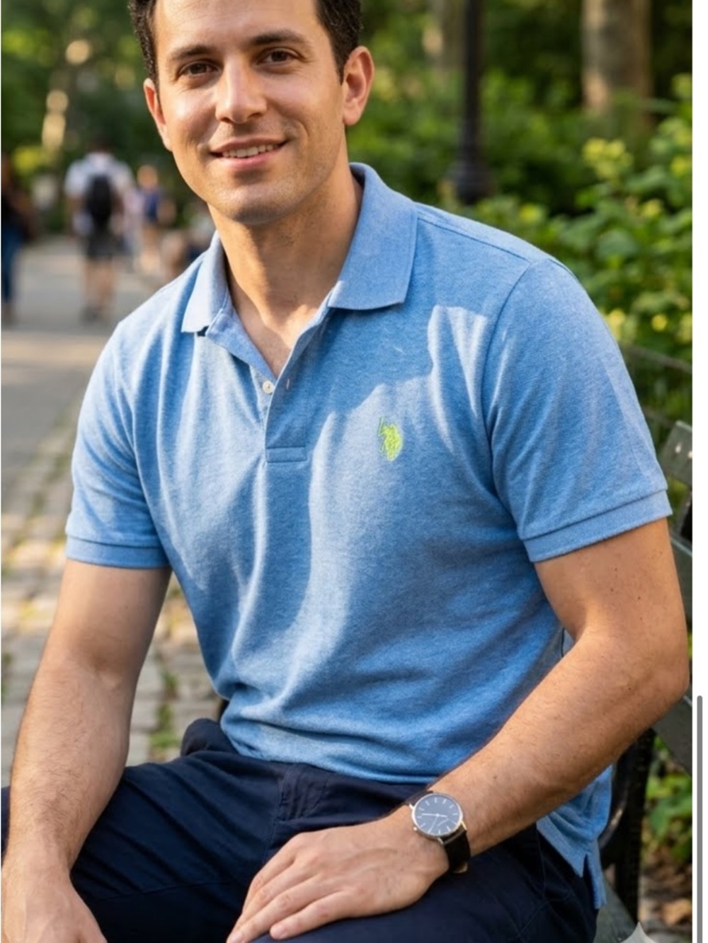 U.S. Polo Assn. Men's Heathered Light Blue Polo with Neon Logo